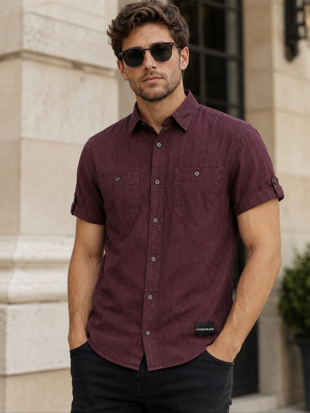Calvin Klein Jeans Burgundy Short Sleeve Shirt Men’s M NWT